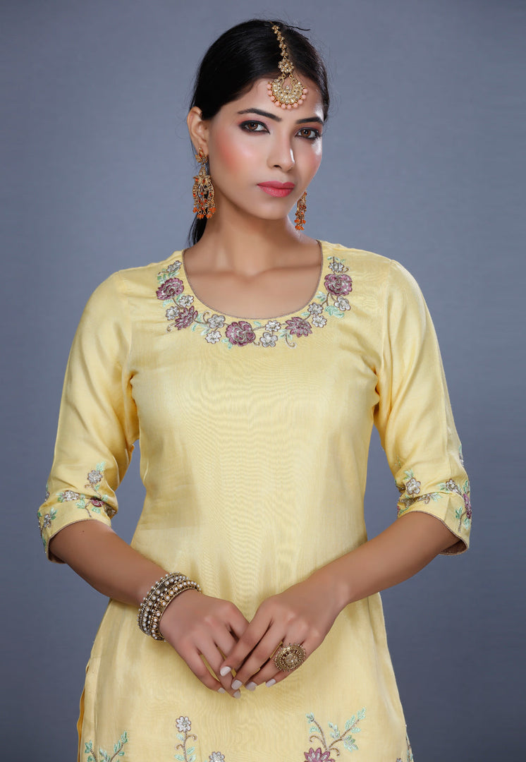 Light Yellow Muslin Pakistani Sharara Suit