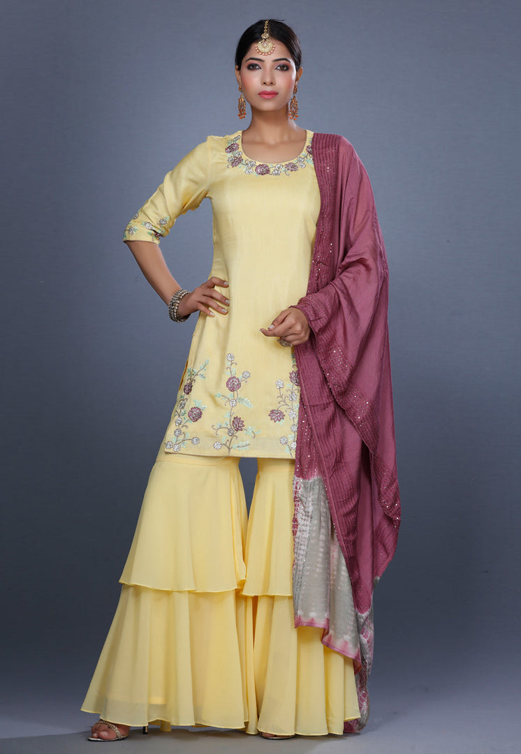 Light Yellow Muslin Pakistani Sharara Suit