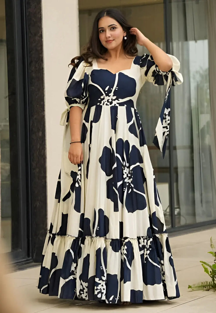 Black Rayon Printed Gown