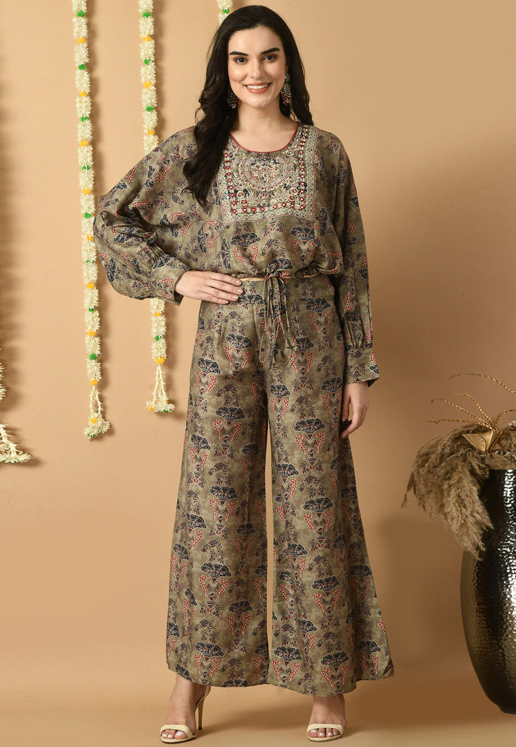 Brown Muslin Printed Co-Ords Set