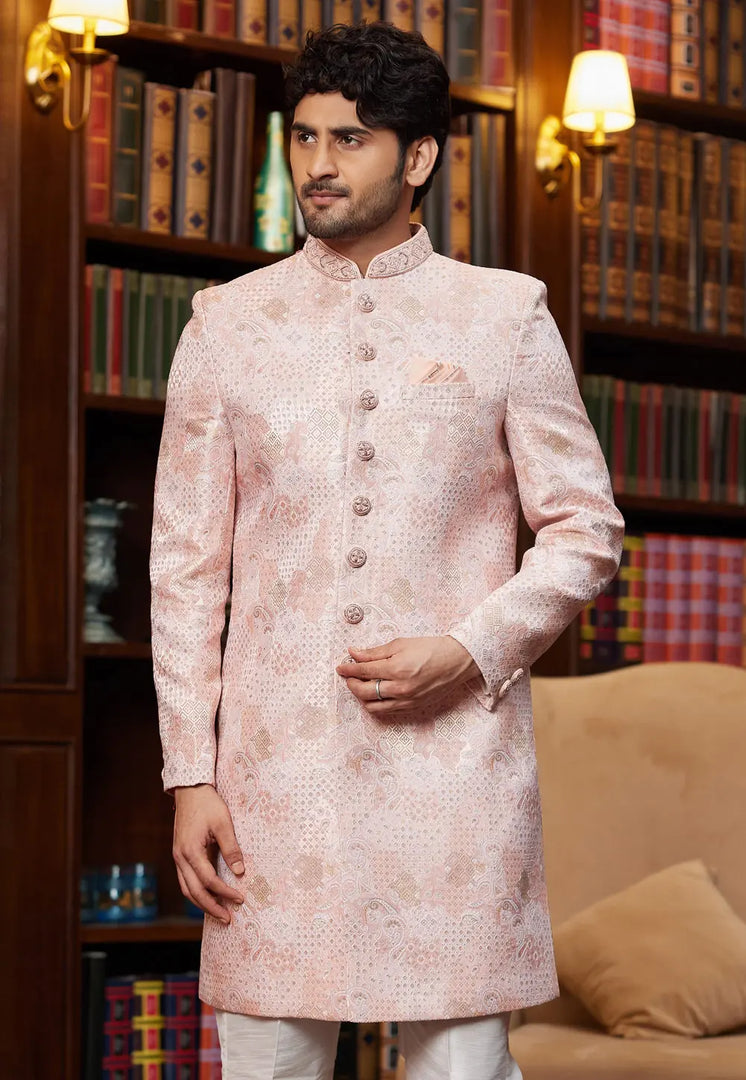 Pink Jacquard Silk Indo Western Sherwani