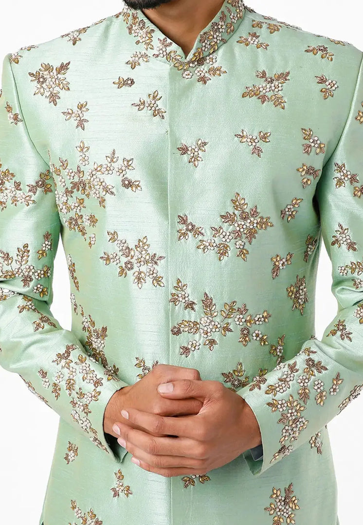 Pista Green Art Silk Indo Western Sherwani