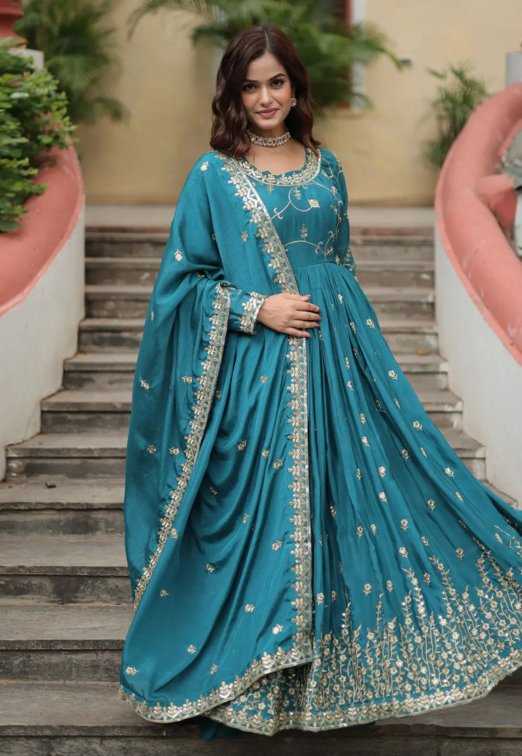 Teal Chinon Readymade Sharara Suit